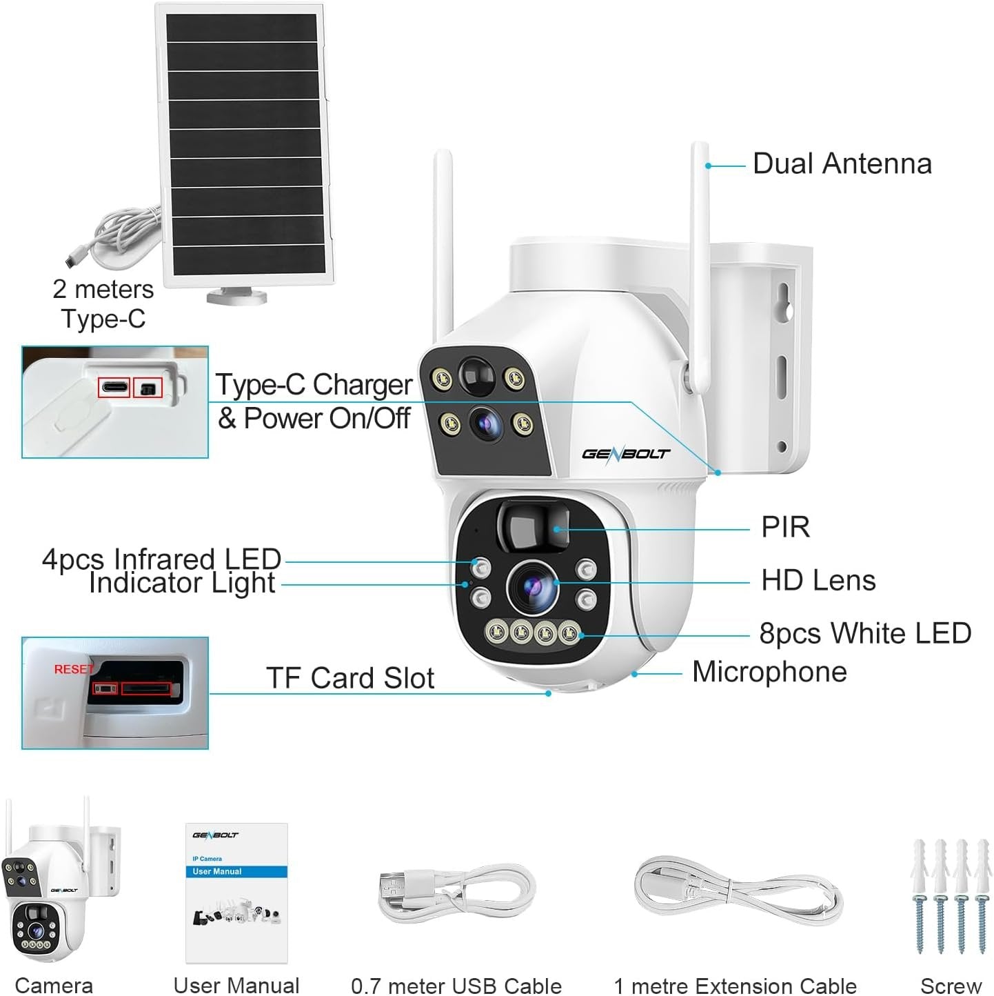 GENBOLT Solar WiFi Security Camera Outdoor Wireless, 8W 15600mAh Battery Powered Home Surveillance Camera CCTV with Dual View, Dual Lens Spotlight IP Camera with Color Night, PIR Detection