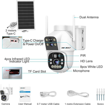 GENBOLT Solar WiFi Security Camera Outdoor Wireless, 8W 15600mAh Battery Powered Home Surveillance Camera CCTV with Dual View, Dual Lens Spotlight IP Camera with Color Night, PIR Detection