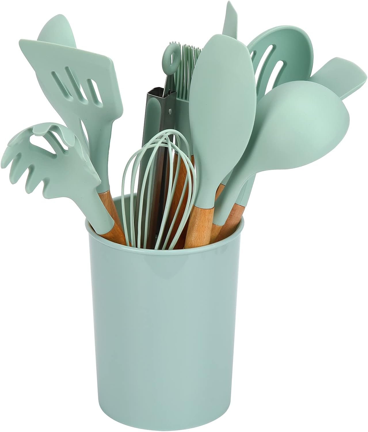 ZPSHYD Set di utensili da cucina in silicone con manici in legno, 12 pezzi gadget da cucina, verde chiaro, include spazzola per olio, cucchiaio antiaderenteForniture da cucina per la casa