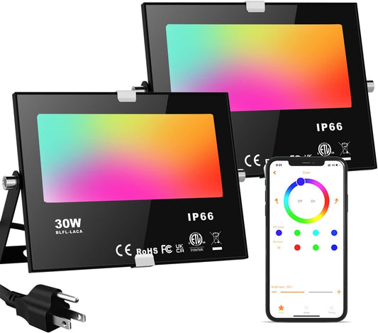 LED Flood Light Outdoor 300W Equivalent,30W RGB Color Changing Smart Floodlight with APP Control, IP66 Waterproof, Timing, 2700K&16 Million Colors 23 Modes for Garden Stage Landscape Lighting (2Pack)