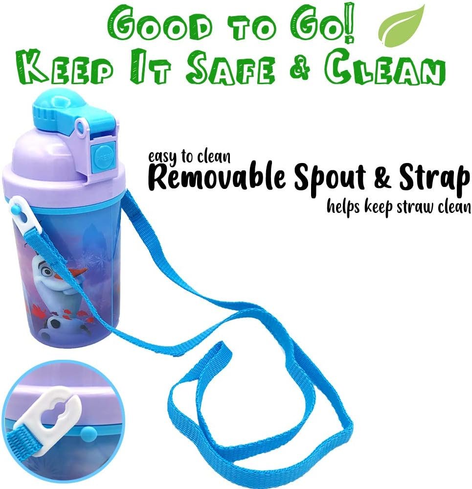 Disney Frozen Carrying Strap One Touch Water Bottles with Reusable Built in Straw - Safe Approved BPA free, Easy to Clean, Perfect Gifts for Kids Girls Boys, Goodies Home by Zak design