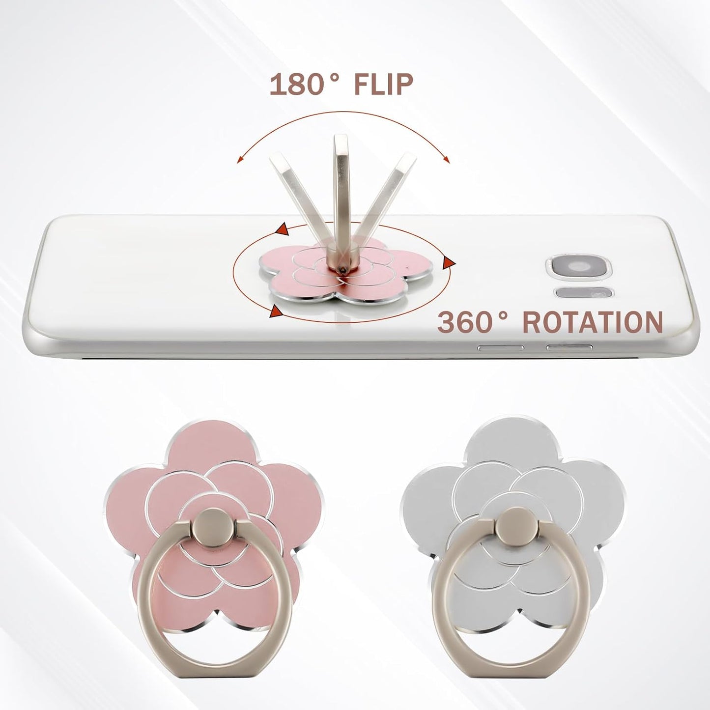 Sibba 2pcs Phone Ring Holder Kickstand Cellphone Flower Finger Ring Grips Stand Metal Universal Accessories Compatible with Smartphone, Mobile Phones, Phone case (Silver, Rose Gold)