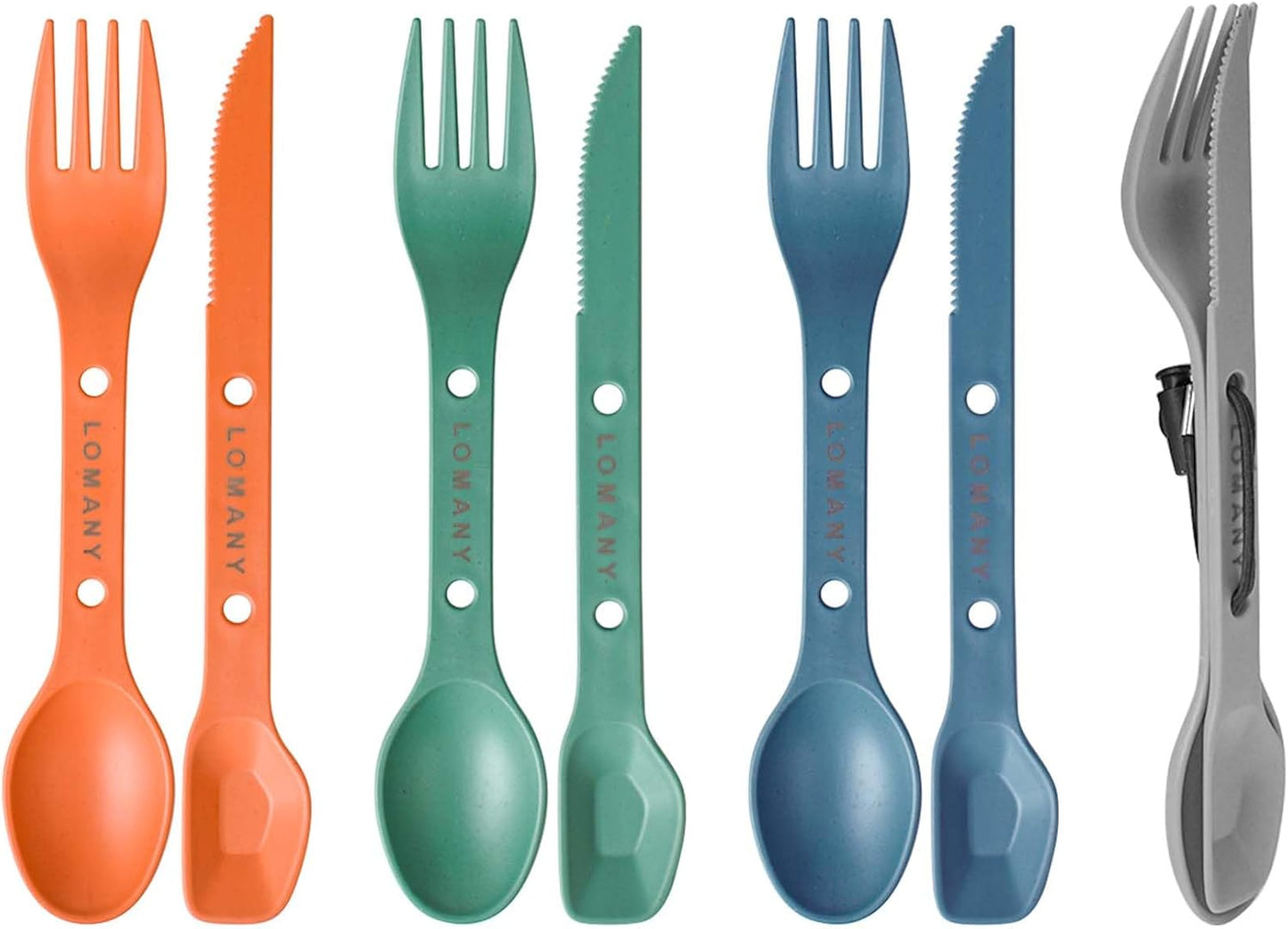 Reusable 4-in-2 Combo Camping Utensil Set, 2 Sets Spoon-Fork-Knife Travel Utensils, Portable Plastic Cutlery Backpacking Gear for Lunch Hiking Outdoor Survival (4, Green, Orange, Blue, Grey)