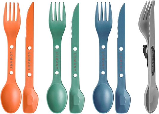 Reusable 4-in-2 Combo Camping Utensil Set, 2 Sets Spoon-Fork-Knife Travel Utensils, Portable Plastic Cutlery Backpacking Gear for Lunch Hiking Outdoor Survival (4, Green, Orange, Blue, Grey)