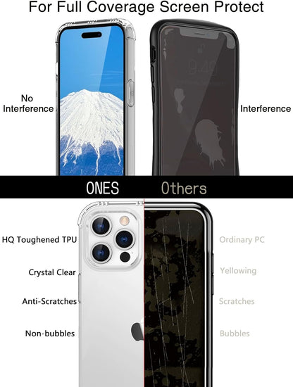 ONES iPhone 14 Pro Max HD Clear Case『 Military Protection Shockproof Airbags 』『 Speaker Resonance 』〔 Screen & Lens Guard 〕〔 Anti-Slip 〕〔 Strap Hole 〕 · Sturdy Impact Absorb Anti-Yellow Silicone Cover