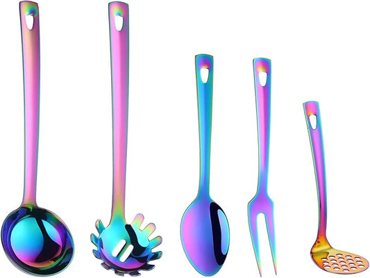 Buyer Star Kitchen Utensils Set 5 Pcs Cooking Utensils Stainless Steel 18/0 Kitchen Tool And Gadgets Salad Spoon Forks Gravy Ladles Pasta Server Potato Masher Mirror Polish Dish Washer Safe, rainbow