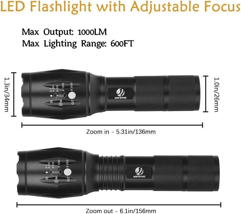 Tactical Flashlight, YIFENG XML T6 Ultra Bright LED Flashlight with Adjustable Focus and 5 Light Modes for Camping Hiking (2 Pack)