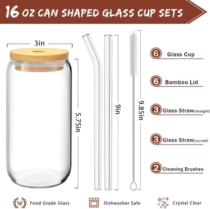 6 PCS Glass Cups with Lids and Straws, 16oz Glasses Drinking Set, Can Shaped Drinking Glasses, Reusable Glass Tumbler with Straw and Lid for Beer Iced Coffee Whisky Water