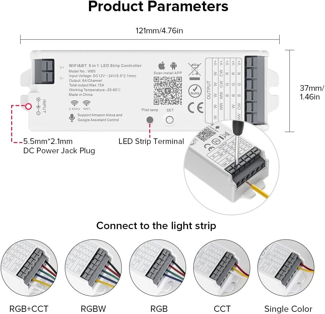 FCOB 5in1 WB5 2.4GHz WiFi PWM LED Controller Compatible with Alexa Google Home Smart Life Tuya Smart APP Control for Dimming CCT RGB RGBW RGBCCT LED Strip Work with WR01RF WR02RF etc RF Remote