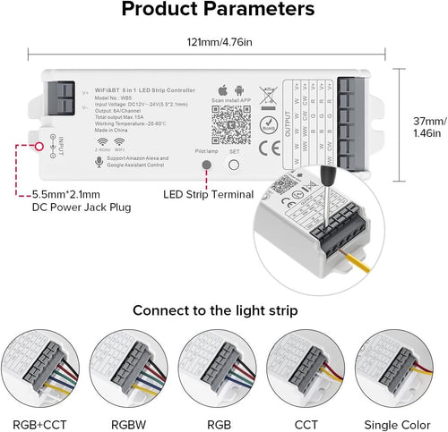 FCOB 5in1 WB5 2.4GHz WiFi PWM LED Controller Compatible with Alexa Google Home Smart Life Tuya Smart APP Control for Dimming CCT RGB RGBW RGBCCT LED Strip Work with WR01RF WR02RF etc RF Remote