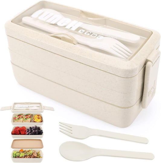 Yirochan 3 Layer Bento Box for Adults, 4-in-1 Meal Prep Container with Fork & Spoon, 1000ml Food Storage for Men Women Student School Office, Microwave Dishwasher Safe Available (Beige)