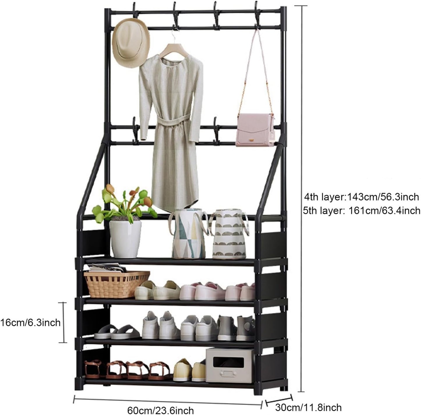 Generico Appendiabiti da Ingresso con scarpiera a 2 Ripiani per Soggiorno e Camera da Letto – Elegante Mobile in Tessuto Nero e Grigio, Organizer salvaspazio per Ingresso, 60 cm