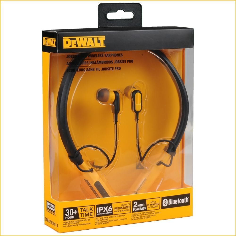 DEWALT Wireless Bluetooth Neckband Headphones — Neckband Earphones with 30H Runtime — Secure Magnetic Earbuds — Noise-Isolating Wireless Earbuds — Jobsite Pro Built-in Mic for Crystal-Clear Calls