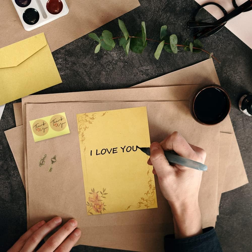 Modixun 96pcs Vintage Paper and Envelopes, Retro Kraft Writing Stationery Paper and Envelopes, Include Antique 32 Papers, 16 Envelopes, 16 Ropes, 16 Pendants, 16 Stickers