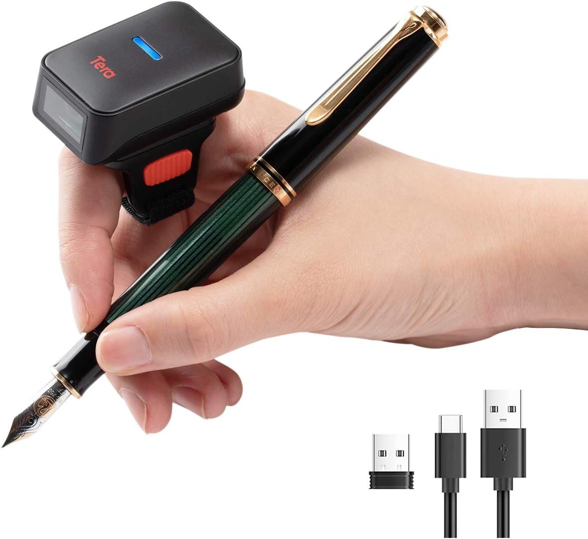 Tera Pro 1D 2D QR Wireless Ring Barcode Scanner, Work with Bluetooth & 2.4G Wireless & USB Wired, Portable Wearable Mini Finger Bar Code Reader Work with Windows, Mac OS, Android, HW0010