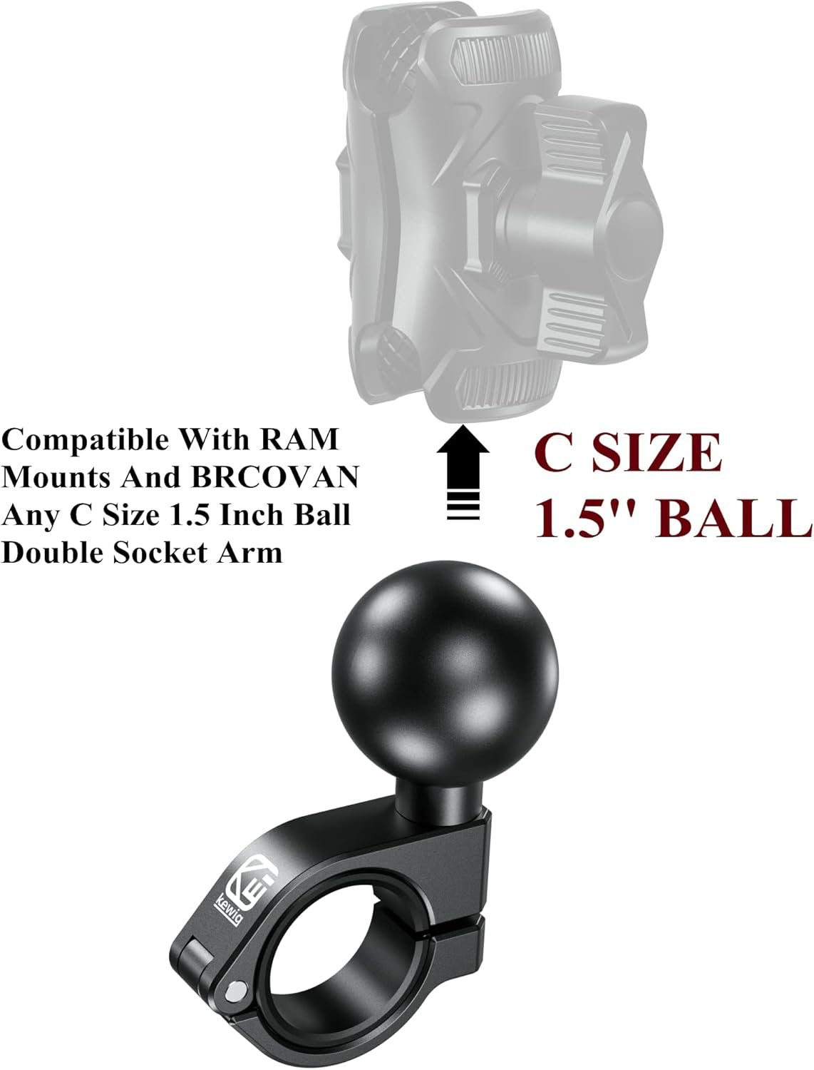 BRCOVAN 1.5'' Ball Mount, Aluminum Alloy Handlebar Clamp Base, Fit for Round Rails 0.875'' / 1'' / 1.125'' / 1.26'' in Diameter, Compatible with RAM Mounts C Size 1.5 Inches Ball Double Socket Arm