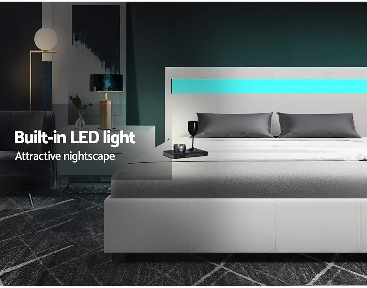 Artiss Double Bed Frame Platform RGB LED Headboard Gas Lift Beds Base with Storage Frames Space Bedroom Room Decor Home Furniture, Upholstered with White PVC Leather + Foam + Wood, Modern Design