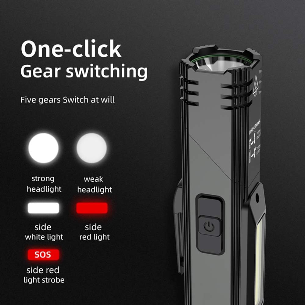 Portable Flashlight, 800 Lumens USB Rechargeable Tactical Flashlight, 90 Degree Rotate, Magnet Tail, Flashlight IPX4 Waterproof Led Flashlight 5 Modes, COB Work Light for Camping, Outdoor, Reading