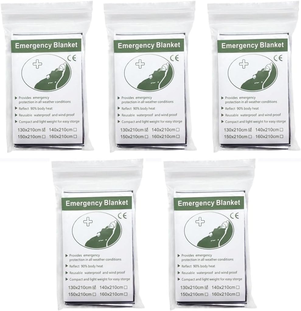 skycabin 5Pack Emergency Thermal Blankets Survival Warm Blanket to Keep Body Dry and Warm,130 x 210 cm Reflective First Aid Blanket for Camping Hiking Outdoor,Camping,Marathon