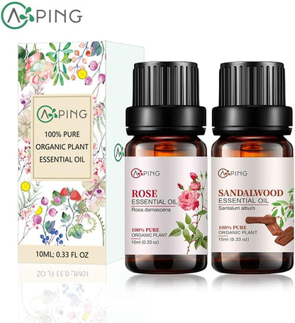 Rose & Sandalwood Essential Oils - 100% Pure Organic Natural Plant Oils for Diffuser, Aromatherapy, Spa, Massage, Yoga, Perfume, Body - 2x10ML