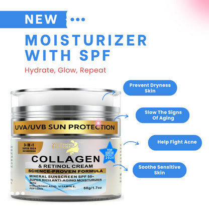 Daily Face Moisturizer with SPF 50 - Retinol, Hyaluronic Acid & Collagen with Age-Defying, Lift & Firm Cream and Sun Protection - Day & Night Repair Anti-Aging Face Moisturizer with Sunscreen | 1.7oz