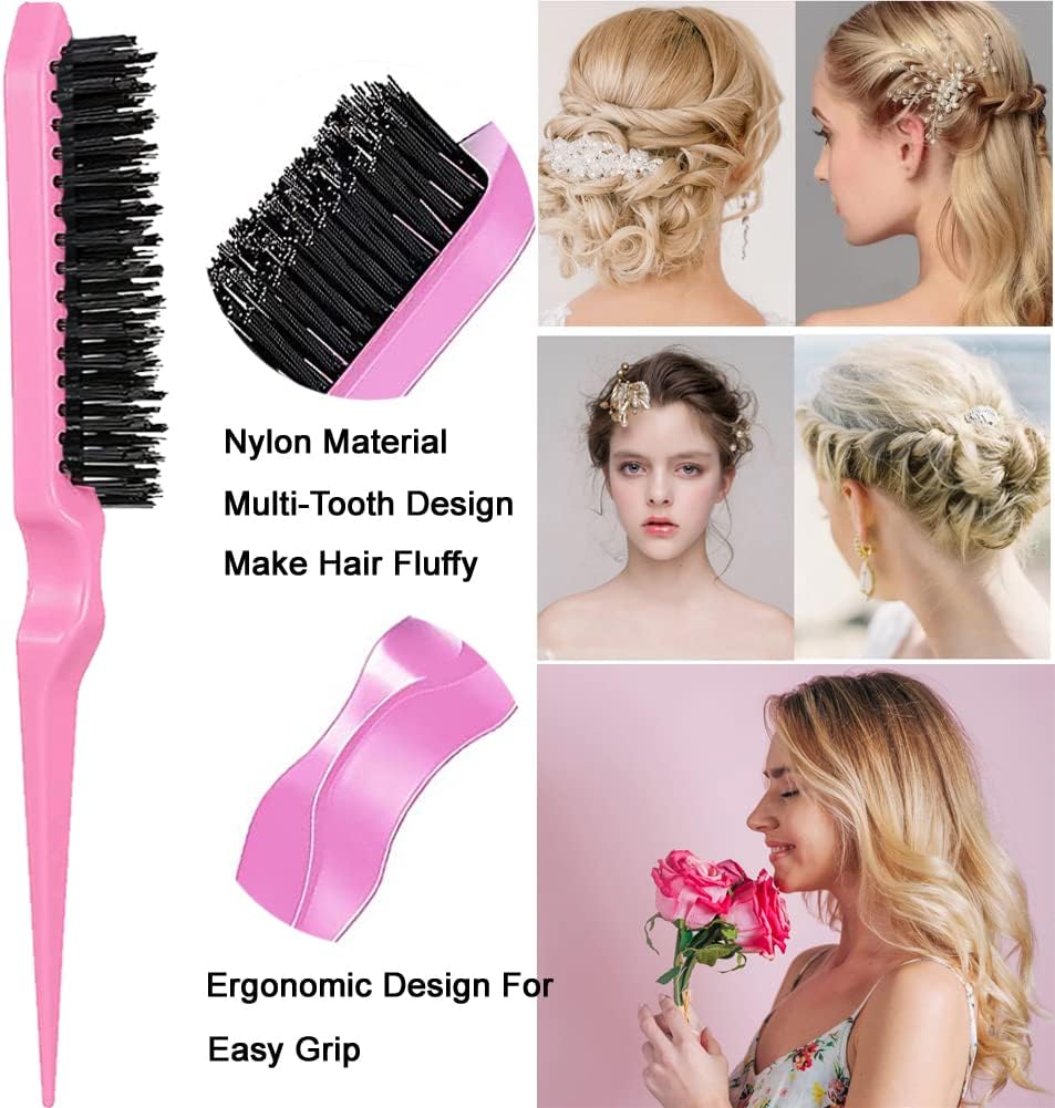 Hair Styling Tool Set: Combs, Triple Teasing Brush, Edge Brush, Rat Tail Combs, Braid Loop with Clips for Women, Girls, Kids and Stylists