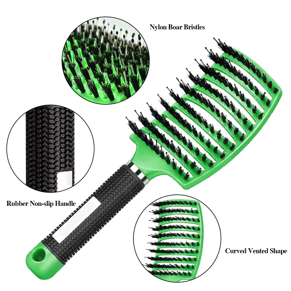 Aozzy 9Pcs Curly Hair Brush Set, Hair Brushes for Women, Round Brush for Blow Drying, Paddle Brush, Fit for Detangling Wet Long Thick Hair, Spray Bottle for Curly Wavy Hair, Family Daily Care（Green）