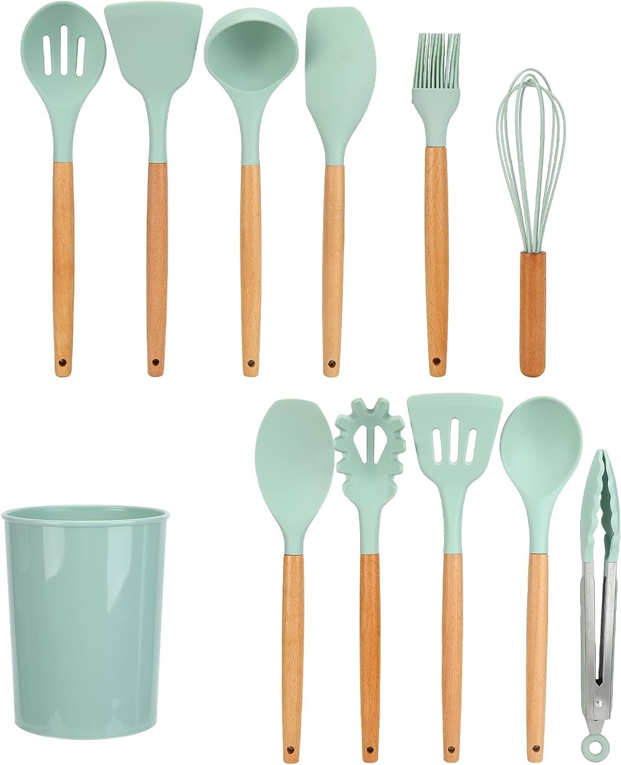 ZPSHYD Set di utensili da cucina in silicone con manici in legno, 12 pezzi gadget da cucina, verde chiaro, include spazzola per olio, cucchiaio antiaderenteForniture da cucina per la casa