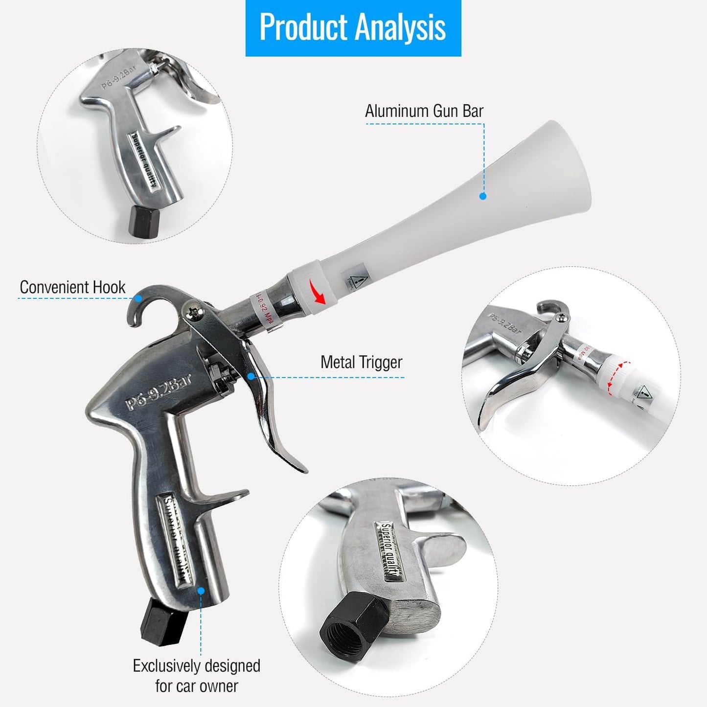 Aluminium Car Cleaning Gun with Tapered Nozzle, Air Blower for Car Detailing, Air Blow Blower Gun for Detailing, Car Detailing Tools, Used for Cars, Velvet, Furniture and Carpets