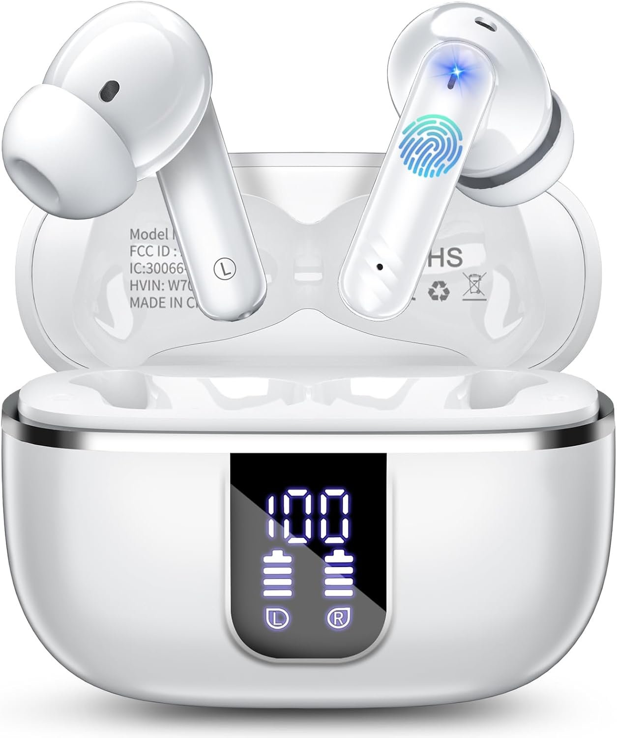 Wireless Earbuds, Bluetooth Headphones 5.4 HiFi Stereo with 4 ENC Noise Cancelling Mic, 38H in Ear Earphones with LED Digital Display, Touch Control, IPX7 Waterproof Ear Buds for Sports Workout, White
