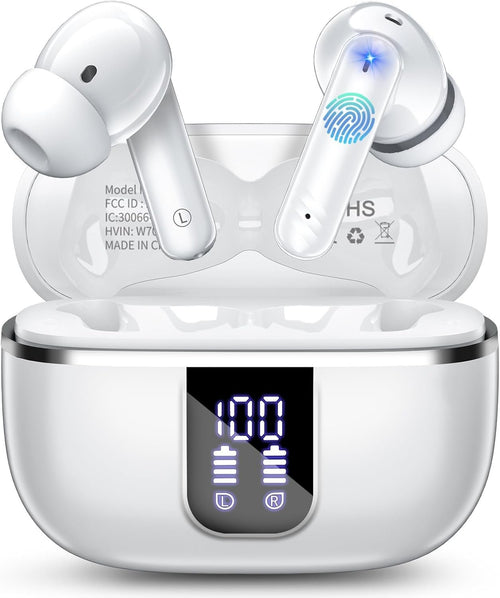 Wireless Earbuds, Bluetooth Headphones 5.4 HiFi Stereo with 4 ENC Noise Cancelling Mic, 38H in Ear Earphones with LED Digital Display, Touch Control, IPX7 Waterproof Ear Buds for Sports Workout, White