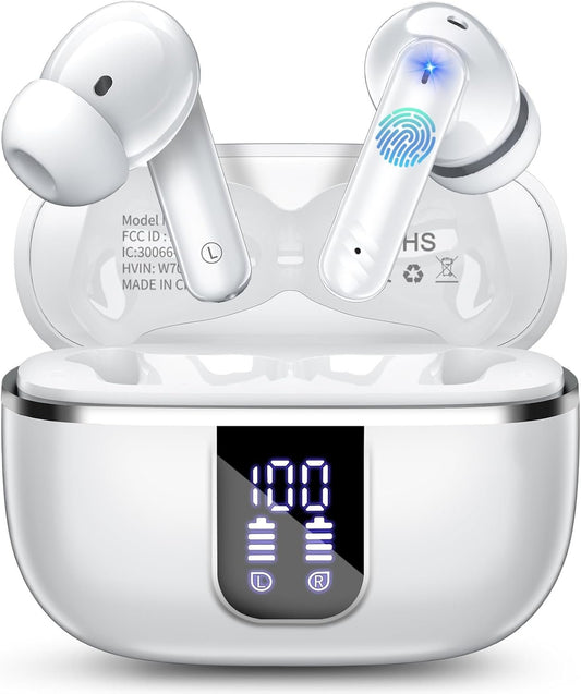 Wireless Earbuds, Bluetooth Headphones 5.4 HiFi Stereo with 4 ENC Noise Cancelling Mic, 38H in Ear Earphones with LED Digital Display, Touch Control, IPX7 Waterproof Ear Buds for Sports Workout, White