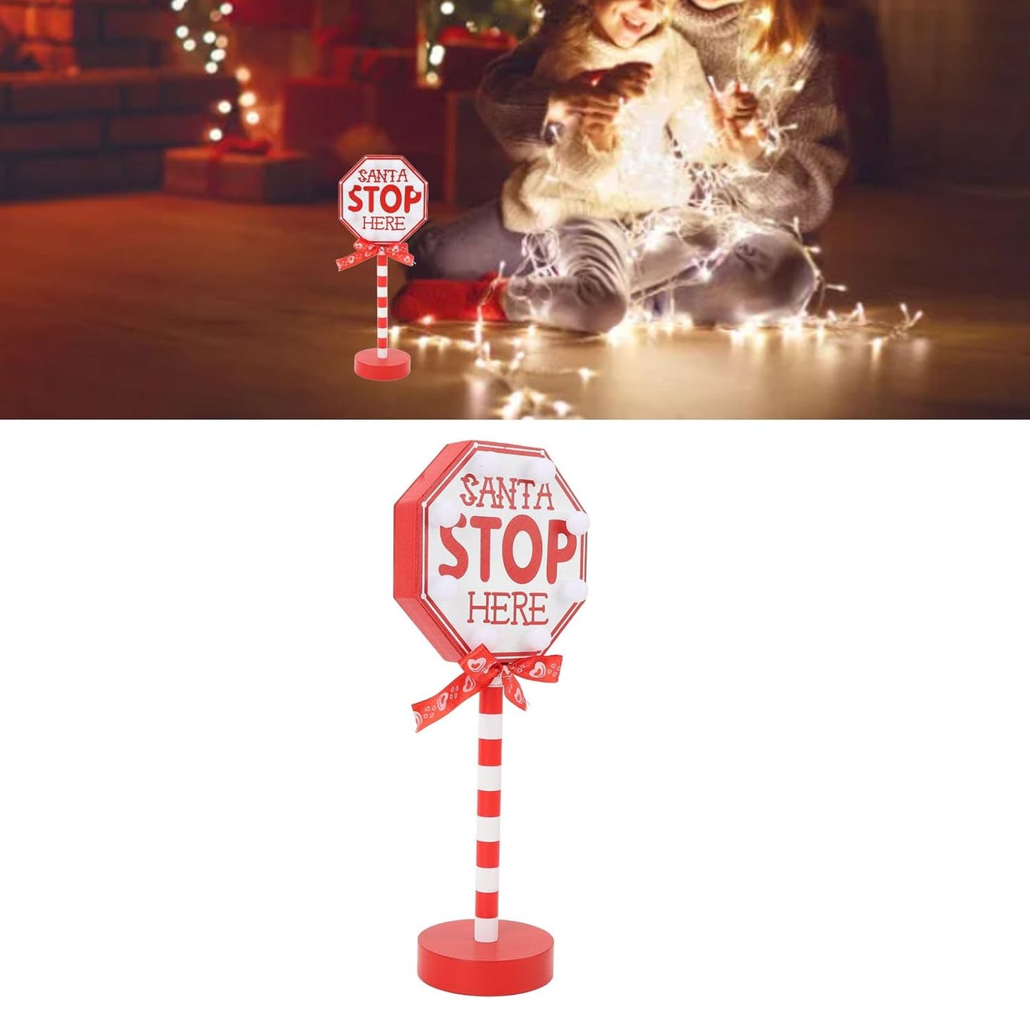 Santa Stop Here Sign Desktop Lamp with LED Warm Light Suitable for Xmas Ambience Santa Stop Here Pole Sign