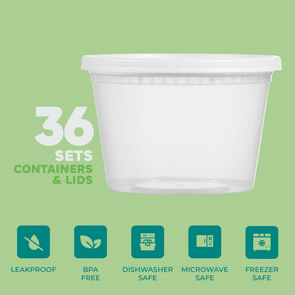 16 Oz Deli Food Containers with Lids - (36 Sets) Airtight Food Storage Takeout Meal Prep Containers To Go with 36 Lids, BPA-Free, Dishwasher, Microwave Safe