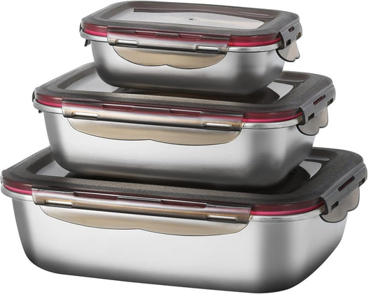 FAB4HOME Leak-proof Stainless Steel Food Storage Container Set of 3 Meal Prep Food Container with Lids Metal Fresh Storage Container for Freezer Oven Dishwasher Safe, 600ml/ 1500ml/ 2900ml Stackable