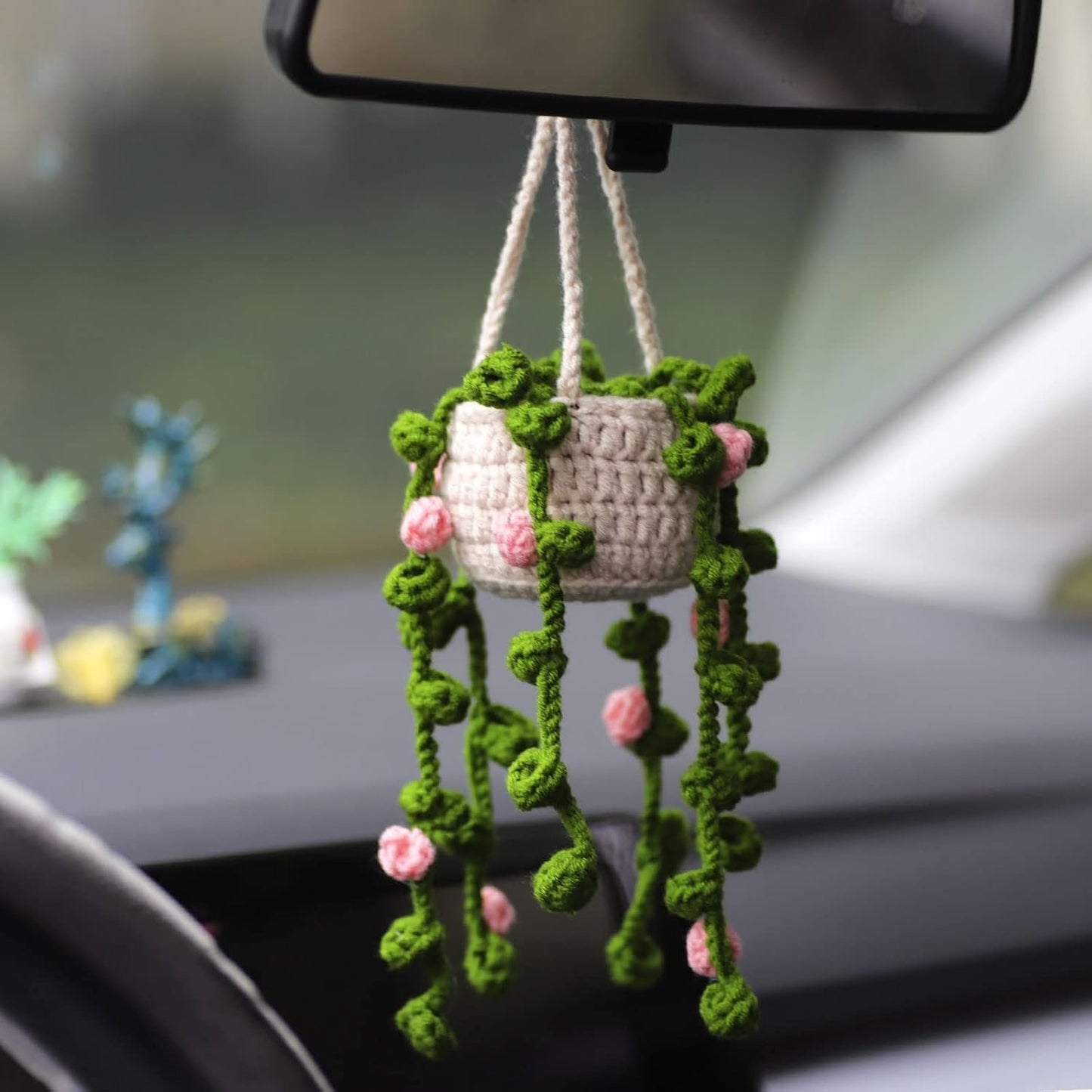 Minasona Cute Potted Plants Crochet Car Mirror Hanging Accessories for Women Men - Handmade Knitted Rear View Mirror Interior Aesthetic (Pink Flowers)