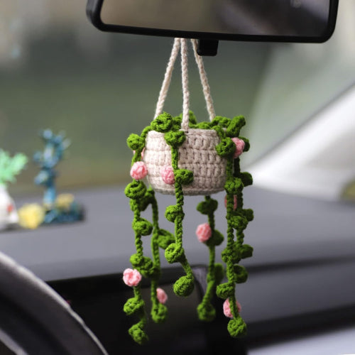 Minasona Cute Potted Plants Crochet Car Mirror Hanging Accessories for Women Men - Handmade Knitted Rear View Mirror Interior Aesthetic (Pink Flowers)