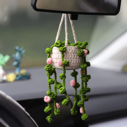 Minasona Cute Potted Plants Crochet Car Mirror Hanging Accessories for Women Men - Handmade Knitted Rear View Mirror Interior Aesthetic (Pink Flowers)