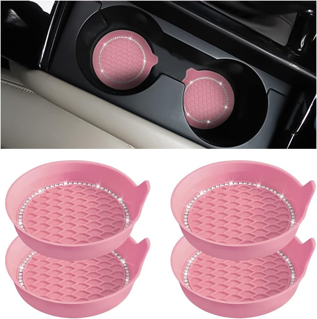 XINLIYA 4PCS Bling Car Cup Holder Coaster, Universal Crystal Rhinestone Anti-Slip Cup Holder Insert Coaster, Waterproof Round Shape Auto Drink Mat, Vehicle Interior Accessories for SUV Truck (Pink)