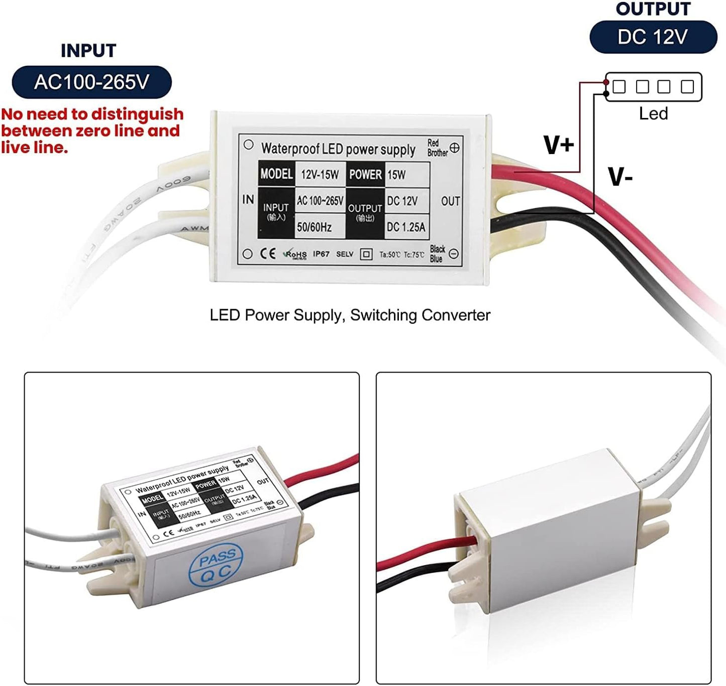 Klarlight Waterproof IP67 15W 12V DC LED Power Supply - 120VAC to 12V DC Converter for LED Strip Lights, MR11/MR16 Bulbs, CCTV Camera (4-Pack)
