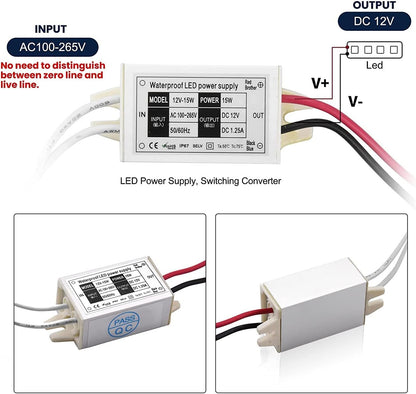 Klarlight Waterproof IP67 15W 12V DC LED Power Supply - 120VAC to 12V DC Converter for LED Strip Lights, MR11/MR16 Bulbs, CCTV Camera (4-Pack)