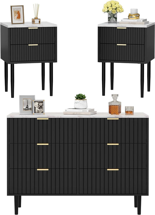 UEV 3 Piece Bedroom Furniture Set with 6 Drawers and Set of 2 Bedside Tables Marble Ceiling Storage Unit for Living Room Bedroom Scandinavian Black (Marble Surface)