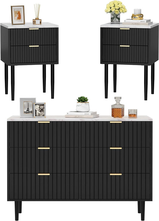 UEV 3 Piece Bedroom Furniture Set with 6 Drawers and Set of 2 Bedside Tables Marble Ceiling Storage Unit for Living Room Bedroom Scandinavian Black (Marble Surface)
