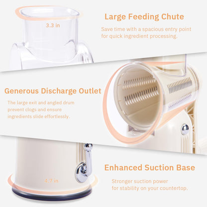 ENERGEVITY Manual Rotary Cheese Grater with Handle, 5 in 1 Replaceable Stainless Blades Cheese Shredder,Strong Suction Base Vegetable Slicer with Cleaning Brush & Bonus Storage Box for Blades (white)