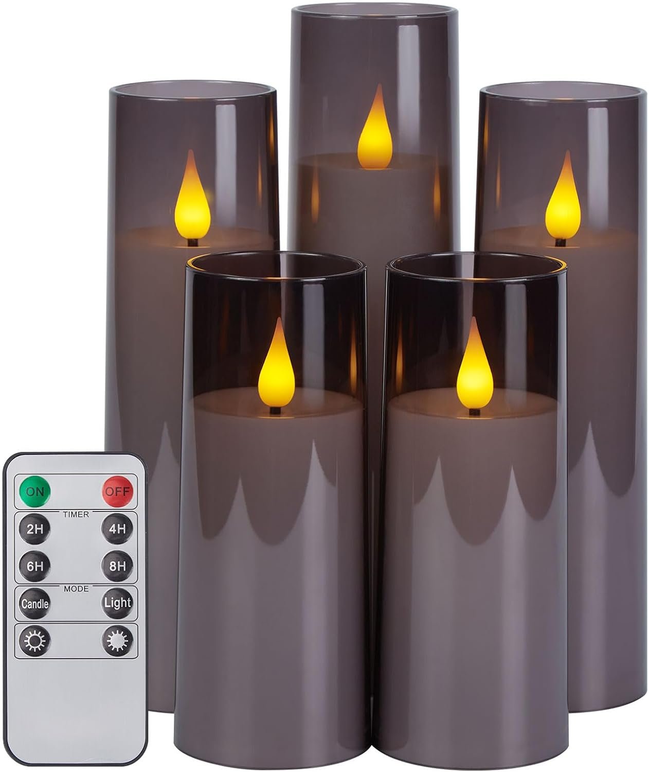 IMAGE Flickering Flameless Candles Battery Operated, Acrylic Shell Pillar 3D Wick LED Candles with 10-Key Remote Control Timer for Wedding Christmas Home Decor Set of 5 (D2.3 in X H5 5 7 7 8 in), Grey