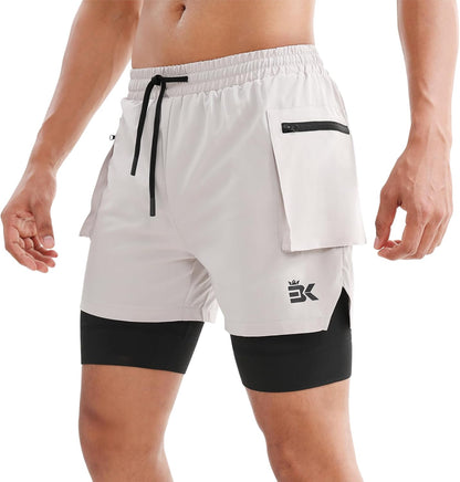 BROKIG Men's 2 in 1 Running Shorts, Quick Dry Sport Shorts Workout Fitness Gym Shorts Men with Zip Pockets