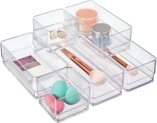 STORi SimpleSort 6-Piece Stackable Clear Drawer Organizer Set | Multi-size Trays | Small Makeup Vanity Storage Bins and Office Desk Drawer Dividers | Made in USA