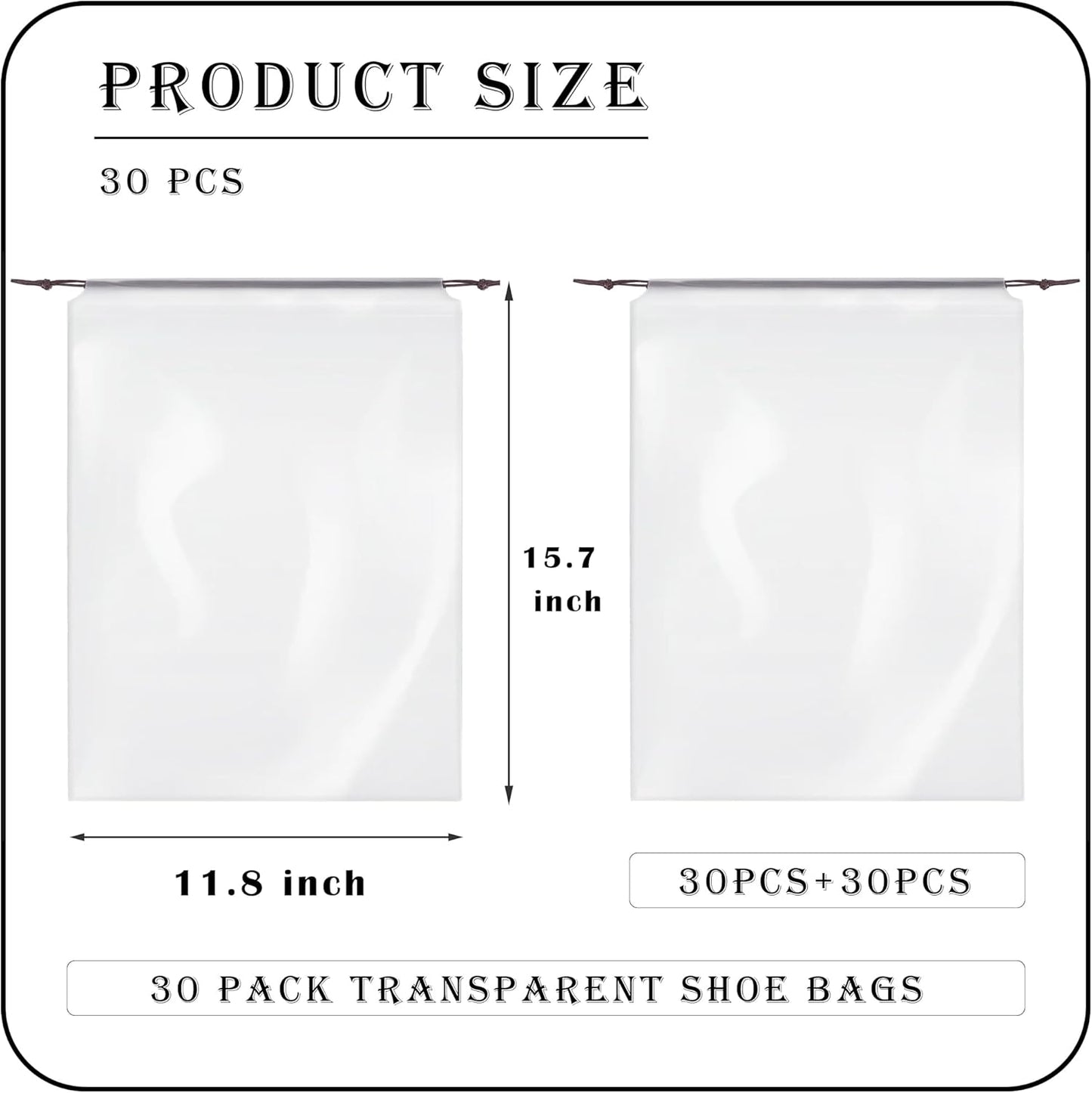 Shoe Bags for Travel, Transparent Waterproof Drawstring Dust Bags (11.8” x 15.7”) for Packing, Shoe Organization & Storage – Ideal for Men & Women, Clear, Large, 30 Transparent