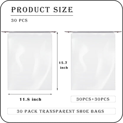 Shoe Bags for Travel, Transparent Waterproof Drawstring Dust Bags (11.8” x 15.7”) for Packing, Shoe Organization & Storage – Ideal for Men & Women, Clear, Large, 30 Transparent