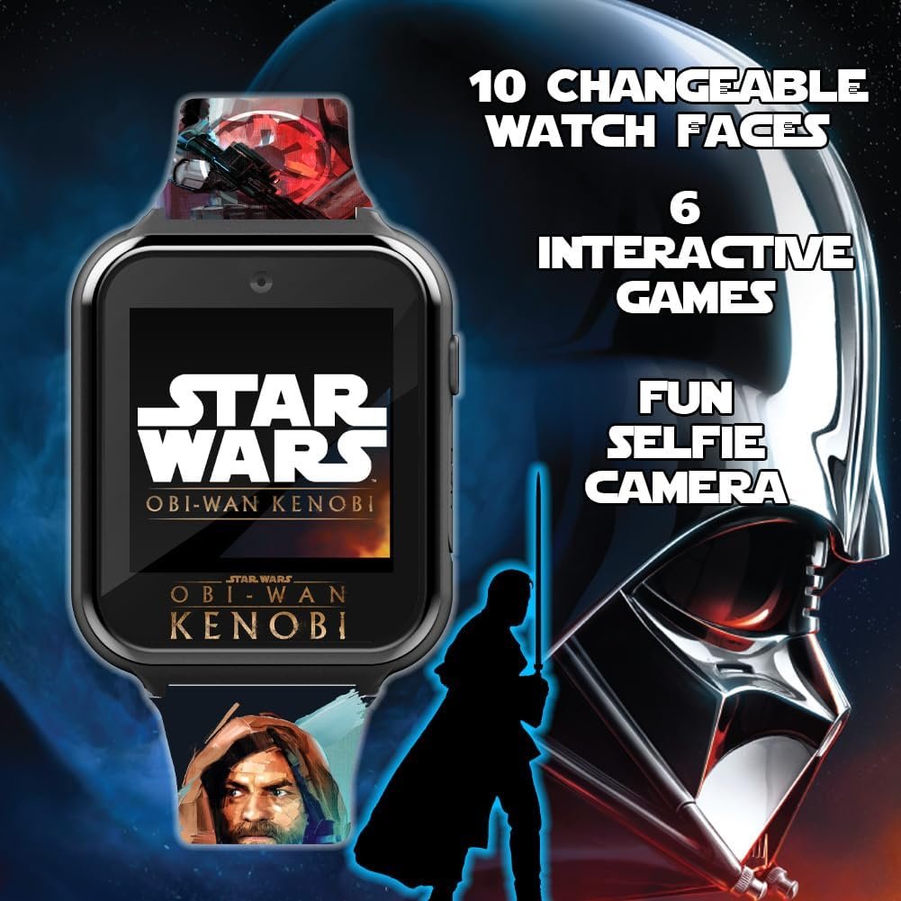 Accutime Star Wars OBI-Wan Kenobi Kids Smart Watch with Touchscreen, 10 Jedi Clock Faces, Selfie Camera, Games, Stopwatch, and Step Counter â€“ Fits Wrists 5.5" to 8", Black, 40mm, Modern
